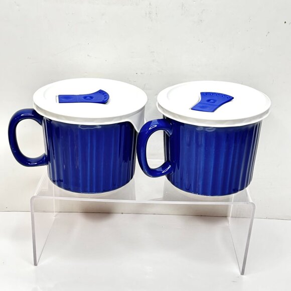 Corningware (2) Pop-ins 20 oz Soup Mug Blue Vented Plastic Cover - Picture 5 of 11